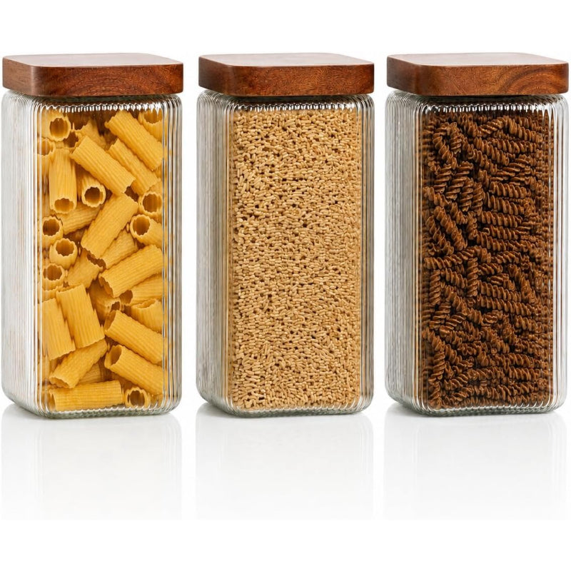 2 Ribbed Square Glass Jars with Wooden Lid
