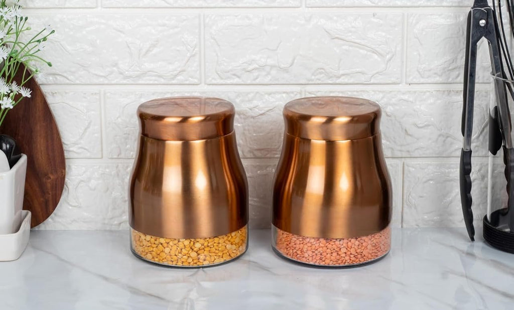 2 Copper Finish Glass Storage Jars Airtight Lids