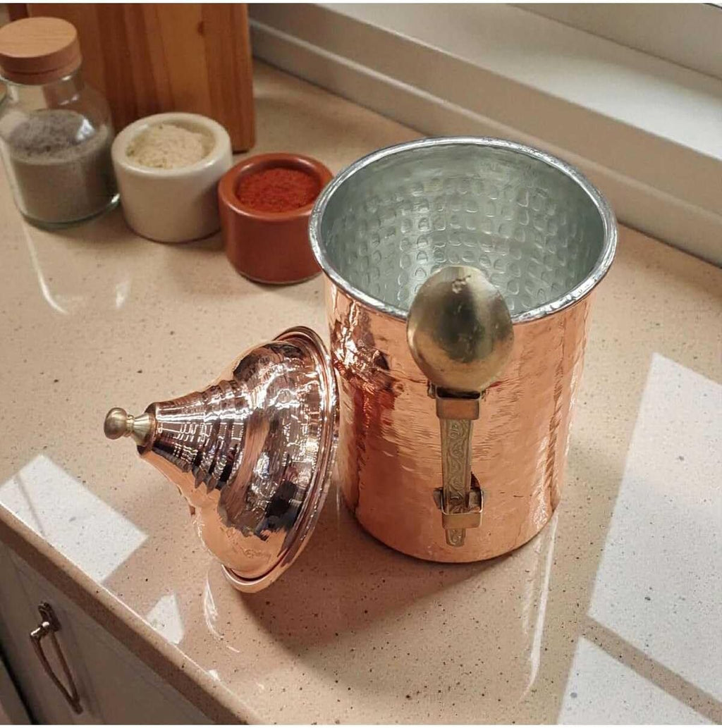 2 Hammered Copper Coffee Jar with Spoon