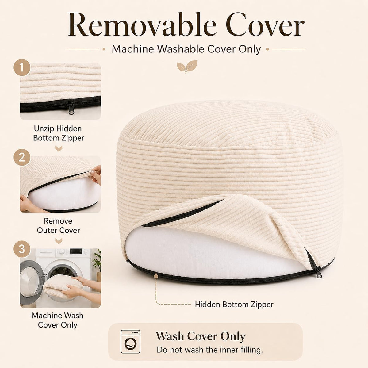 20" Cream White Corduroy Stuffed Pouf Ottoman