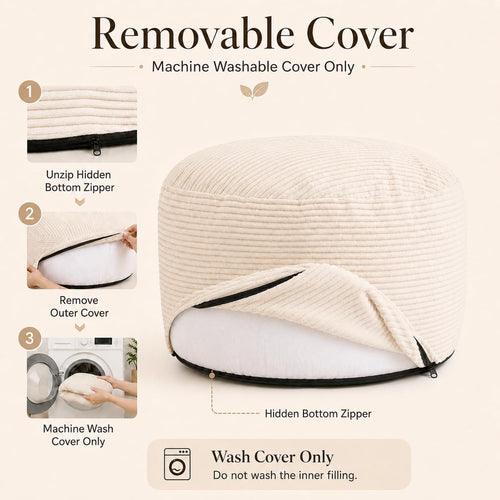 20" Cream White Corduroy Stuffed Pouf Ottoman