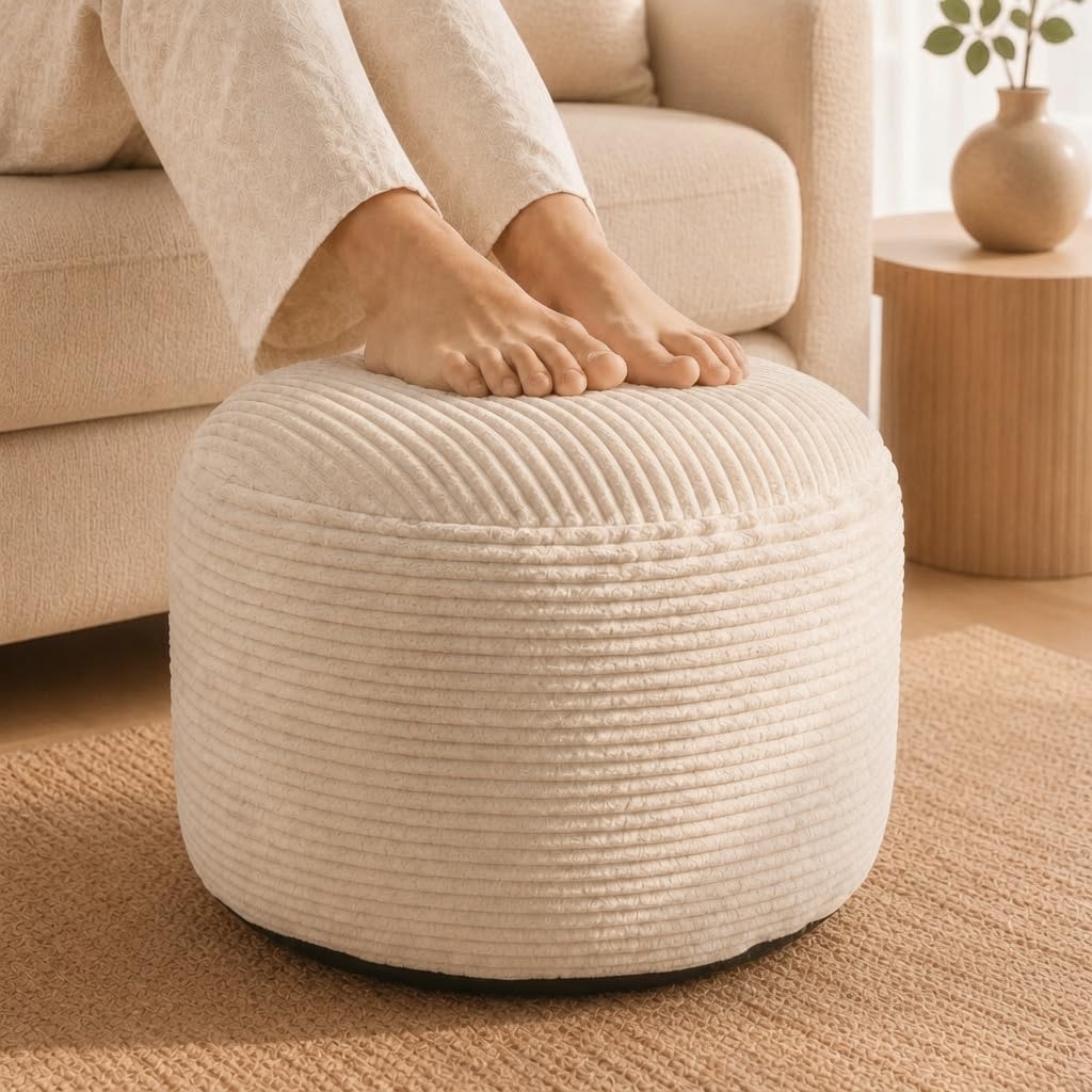 20" Cream White Corduroy Stuffed Pouf Ottoman