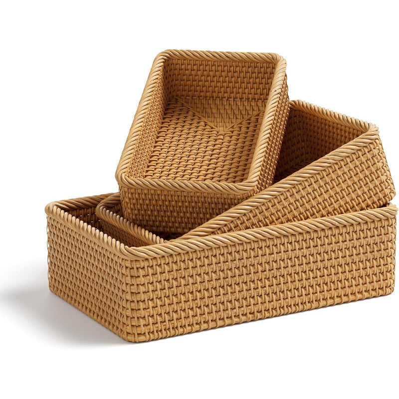 3‑Pack Honey Brown Rectangular Rattan Storage Baskets