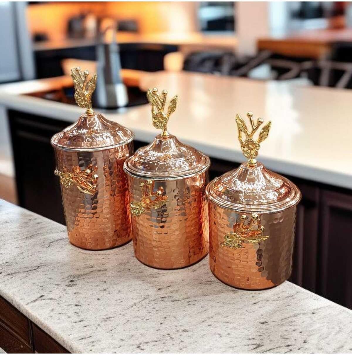 3 Hammered Copper Rose Design Spice Jars
