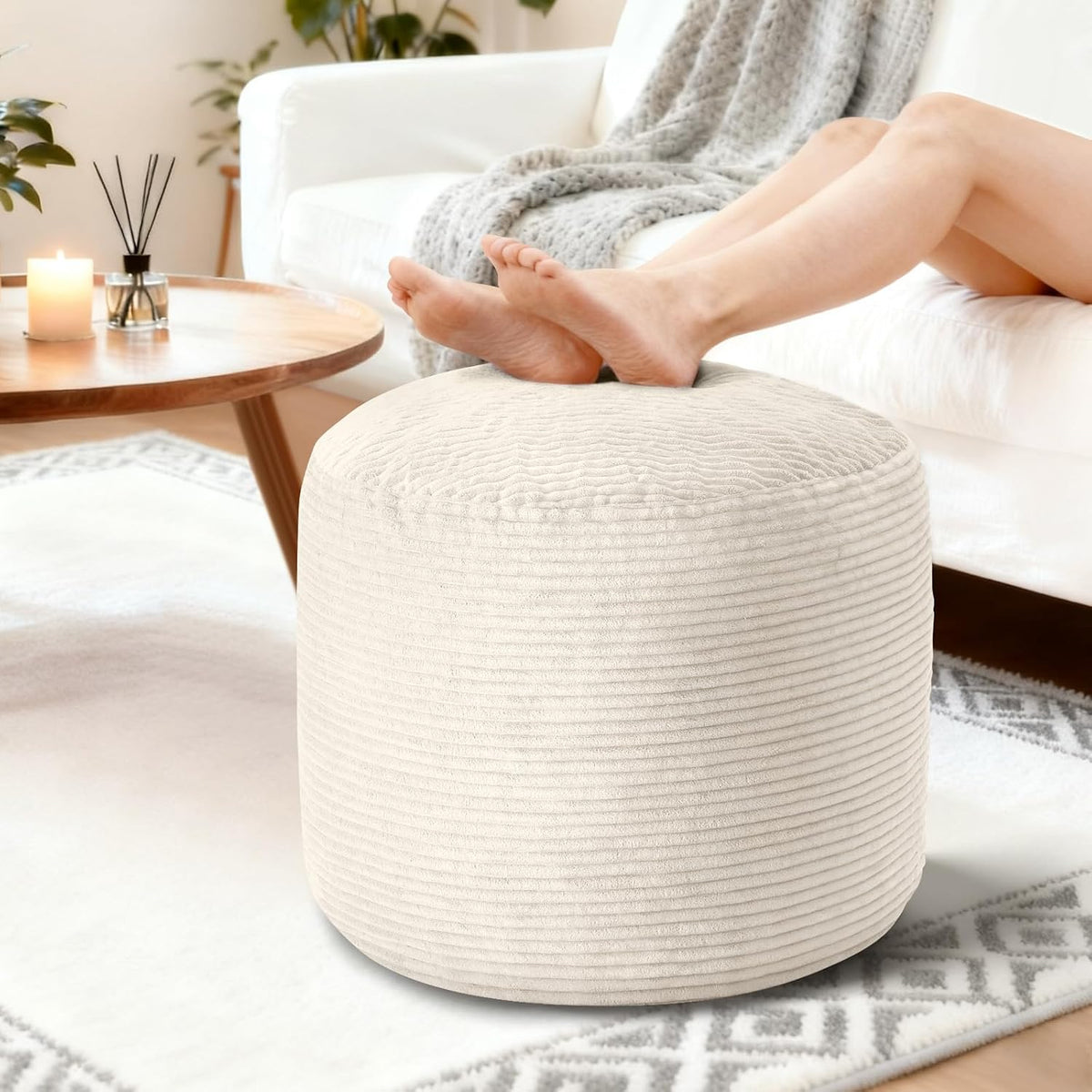 26"x18" Beige Fluffy Corduroy Round Pouf Ottoman