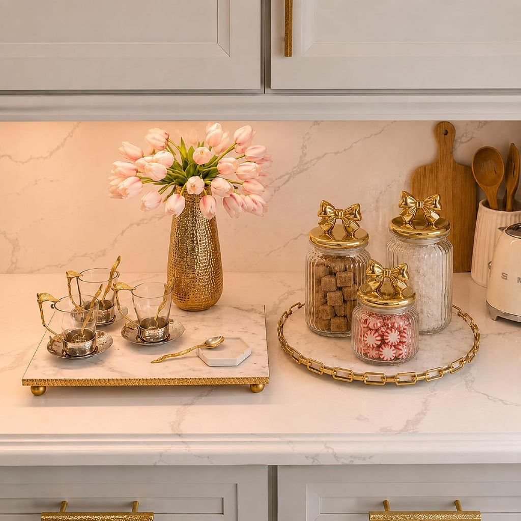 3 Gold Bow Glass Candy Jars with Ceramic Lids