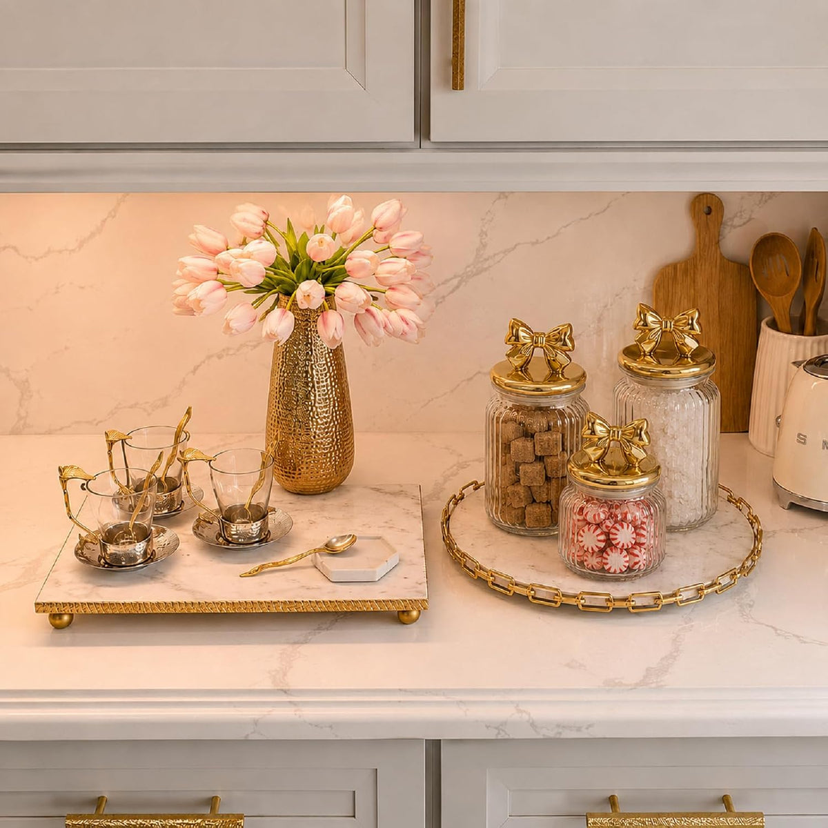 3 Gold Bow Glass Candy Jars with Ceramic Lids