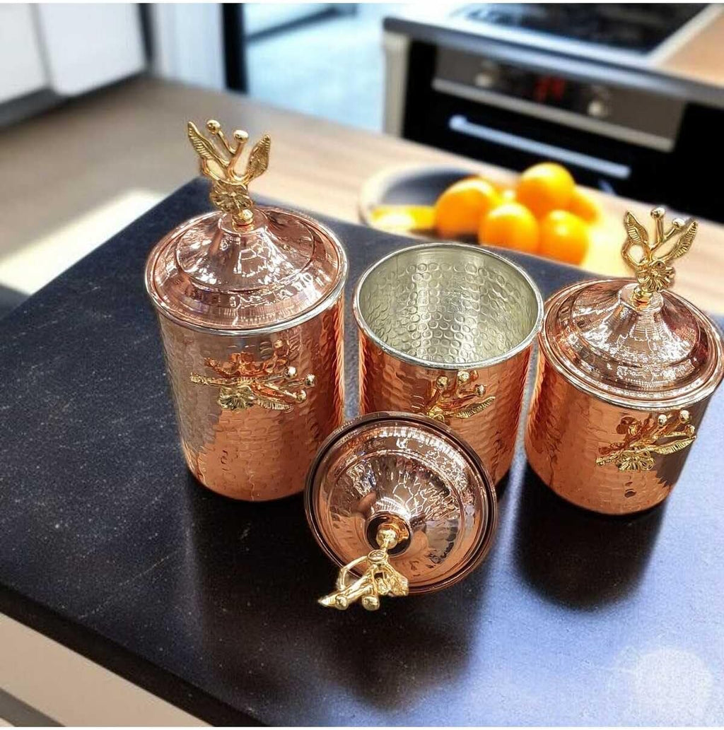 3 Hammered Copper Rose Design Spice Jars