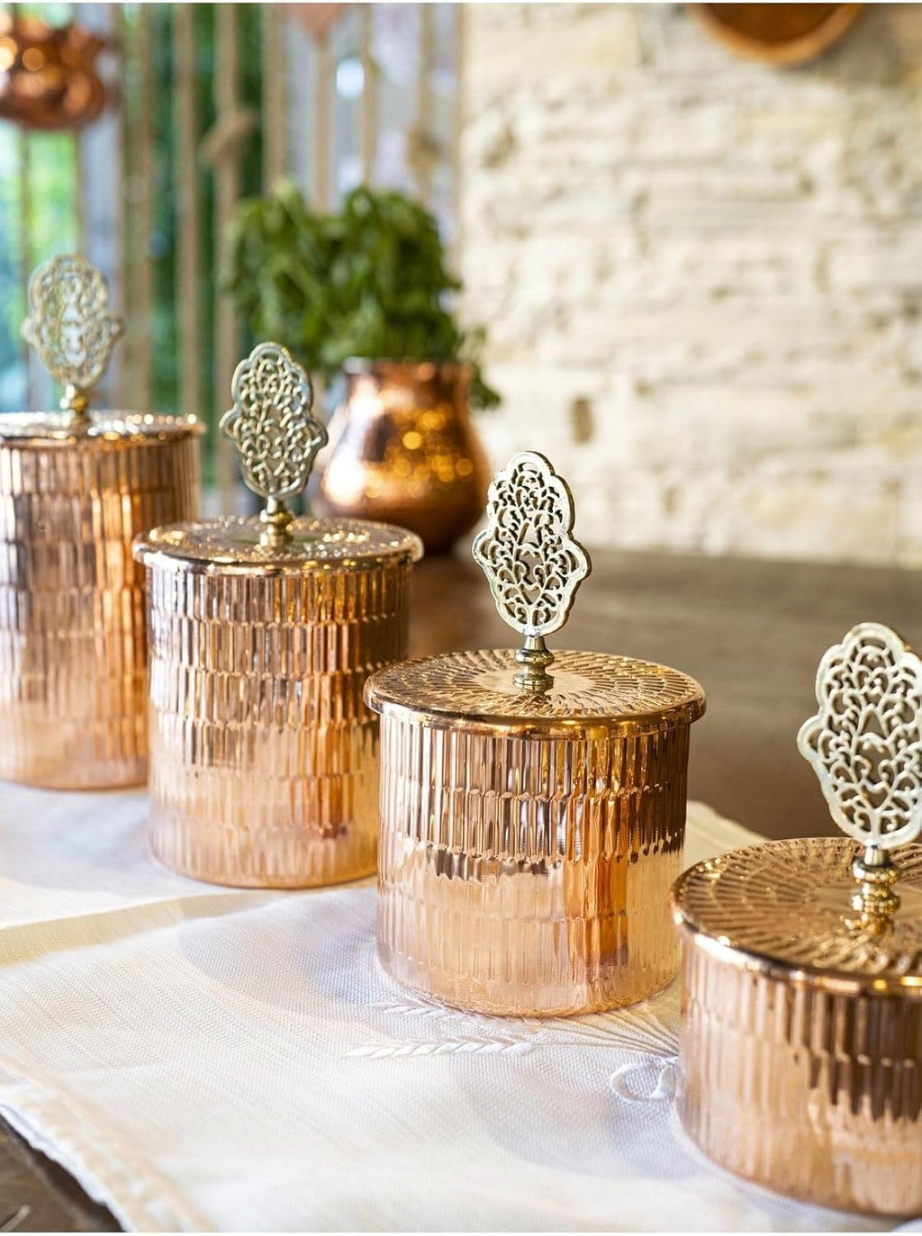 4 Bright Copper Handmade Spice Jars Set