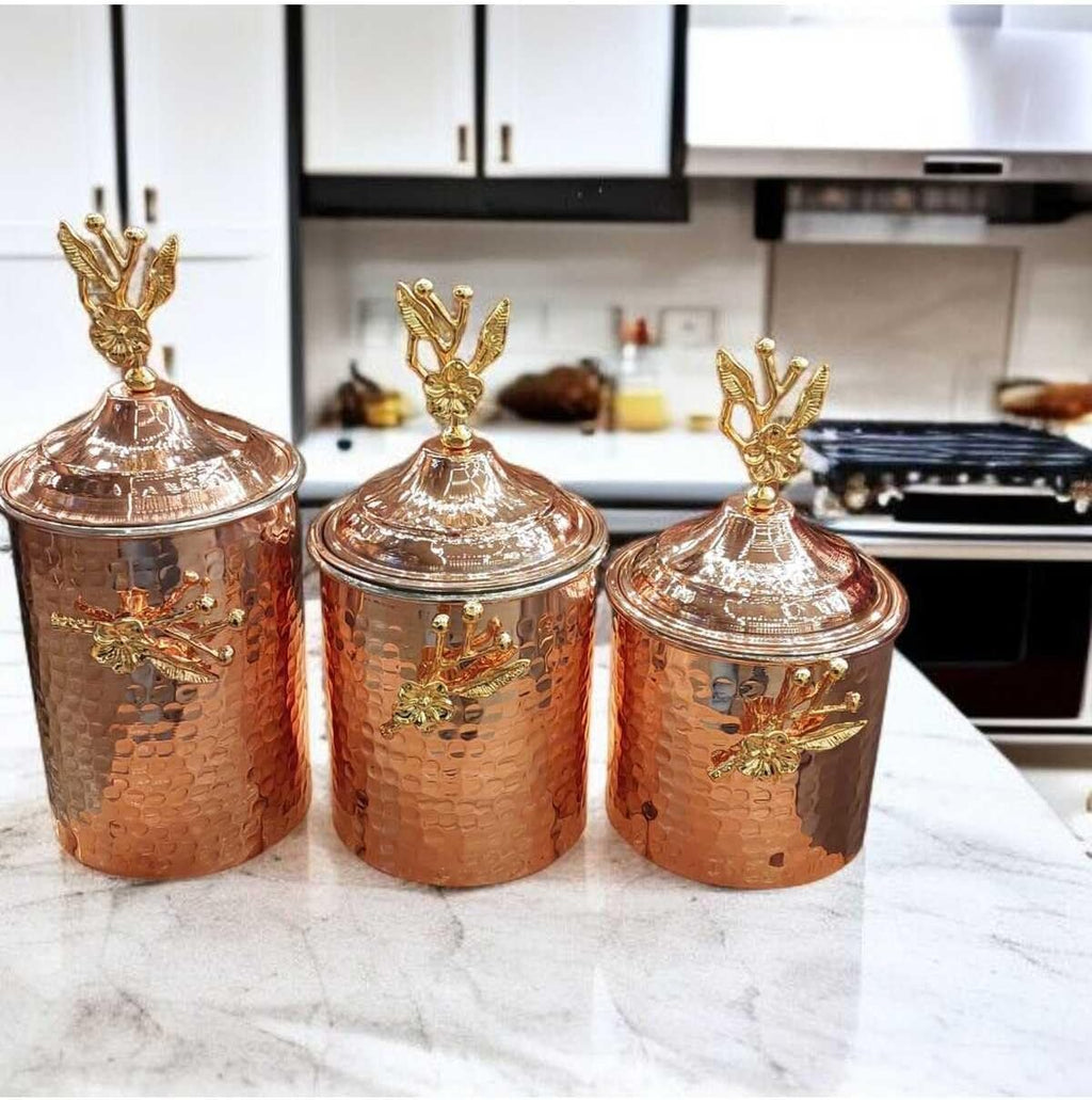 3 Hammered Copper Rose Design Spice Jars