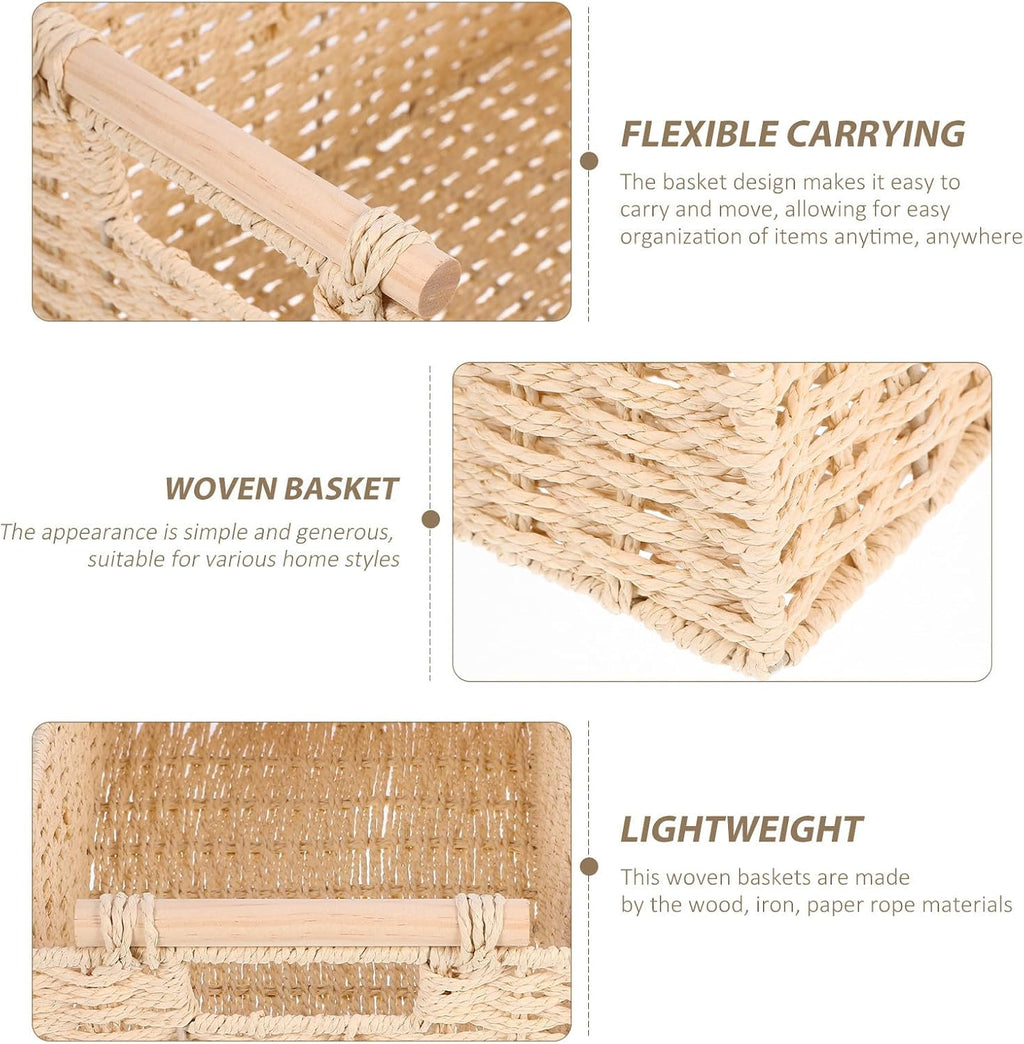 Small Beige Woven Basket with Wooden Handle