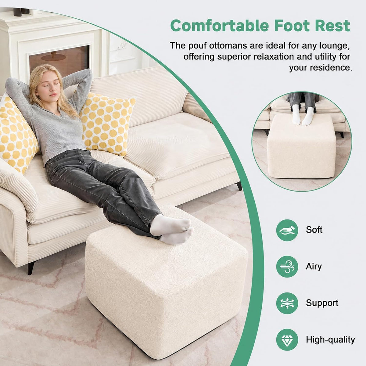 23.6" Beige Square Boneless Foam Pouf Ottoman