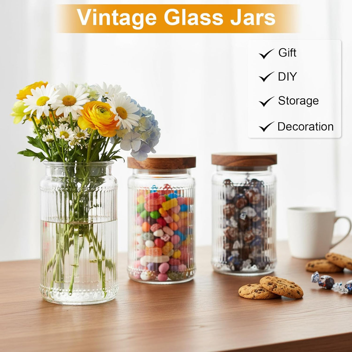 6 Vintage Glass Jars with Wood Lids