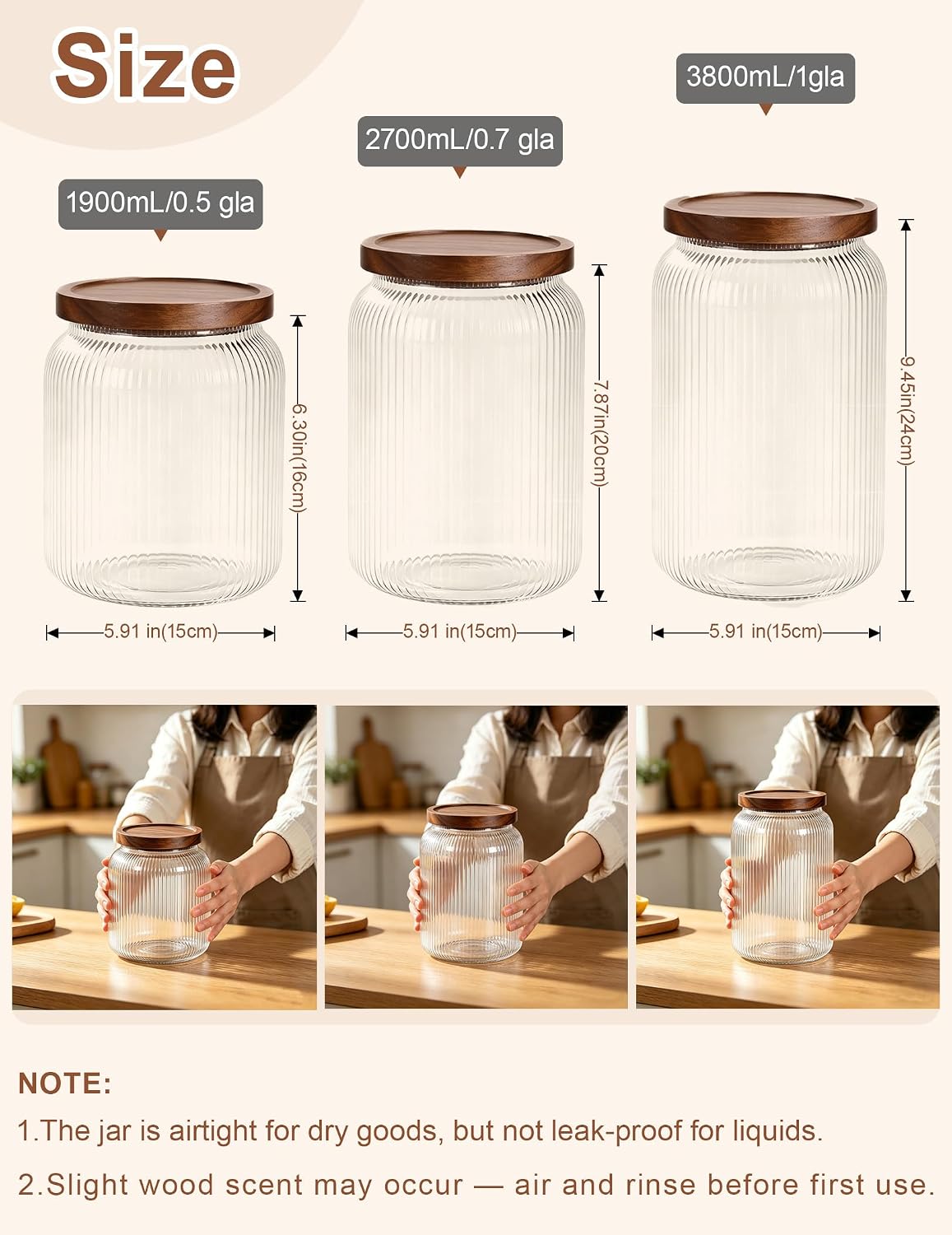 2 Large Glass Jars with Airtight Wooden Lids