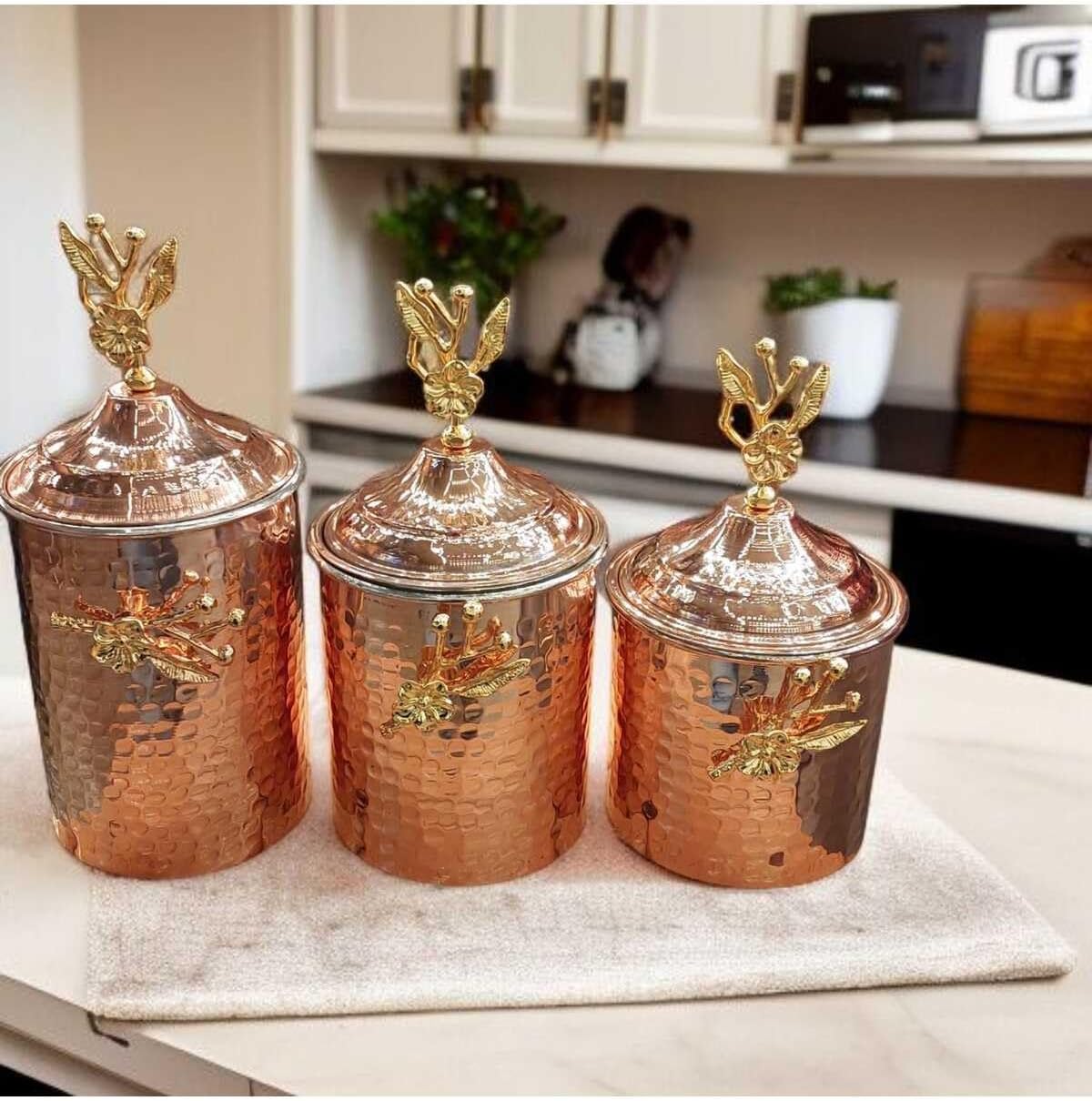 3 Hammered Copper Rose Design Spice Jars
