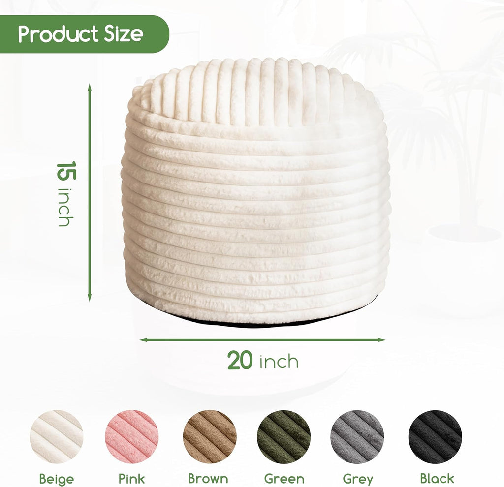 20"×15" Beige Stripe Faux Fur Round Pouf Ottoman