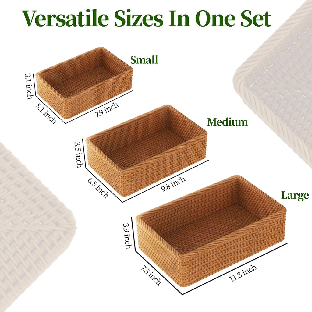 3‑Pack Honey Brown Rectangular Rattan Storage Baskets