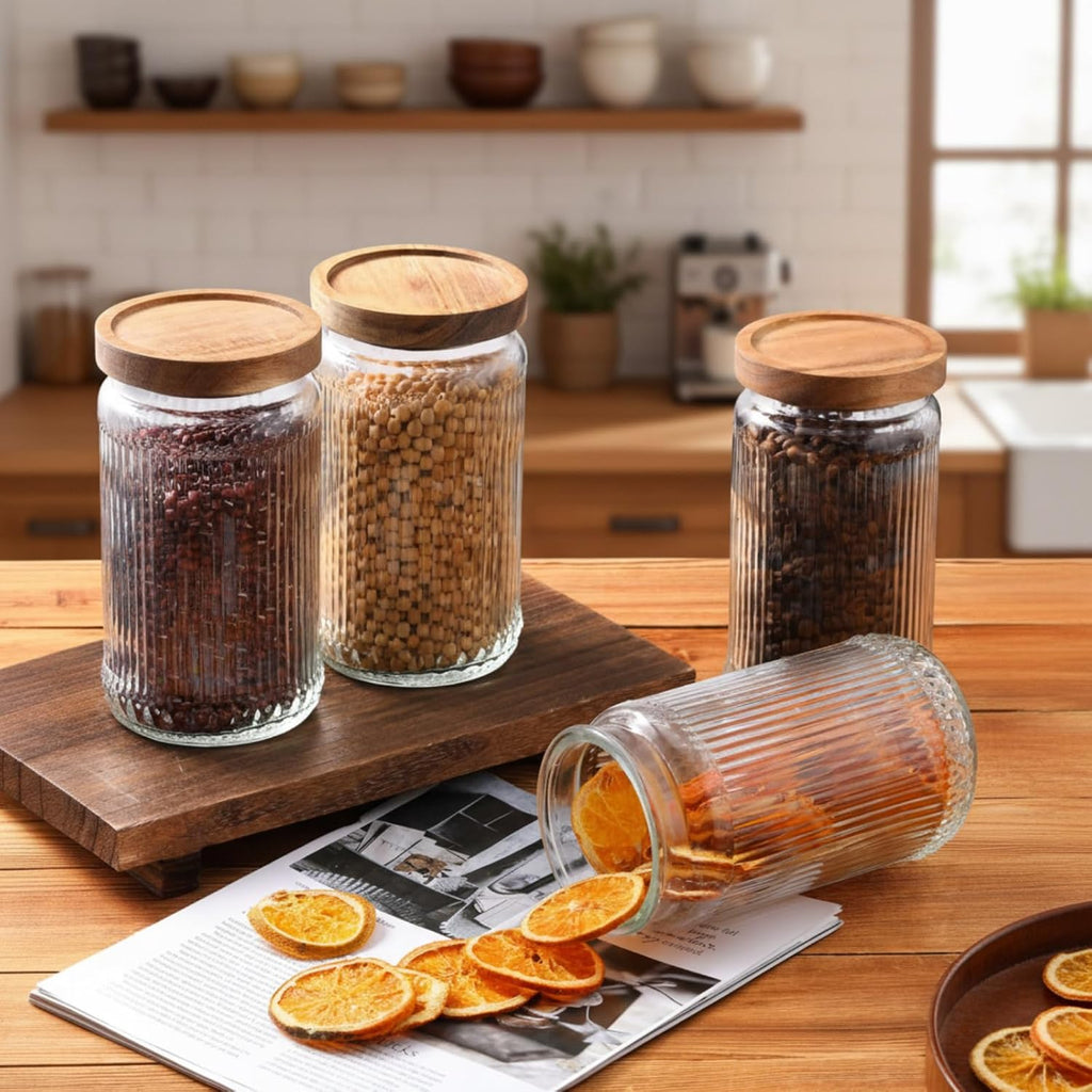 4 Vintage Glass Storage Jars with Wood Lid