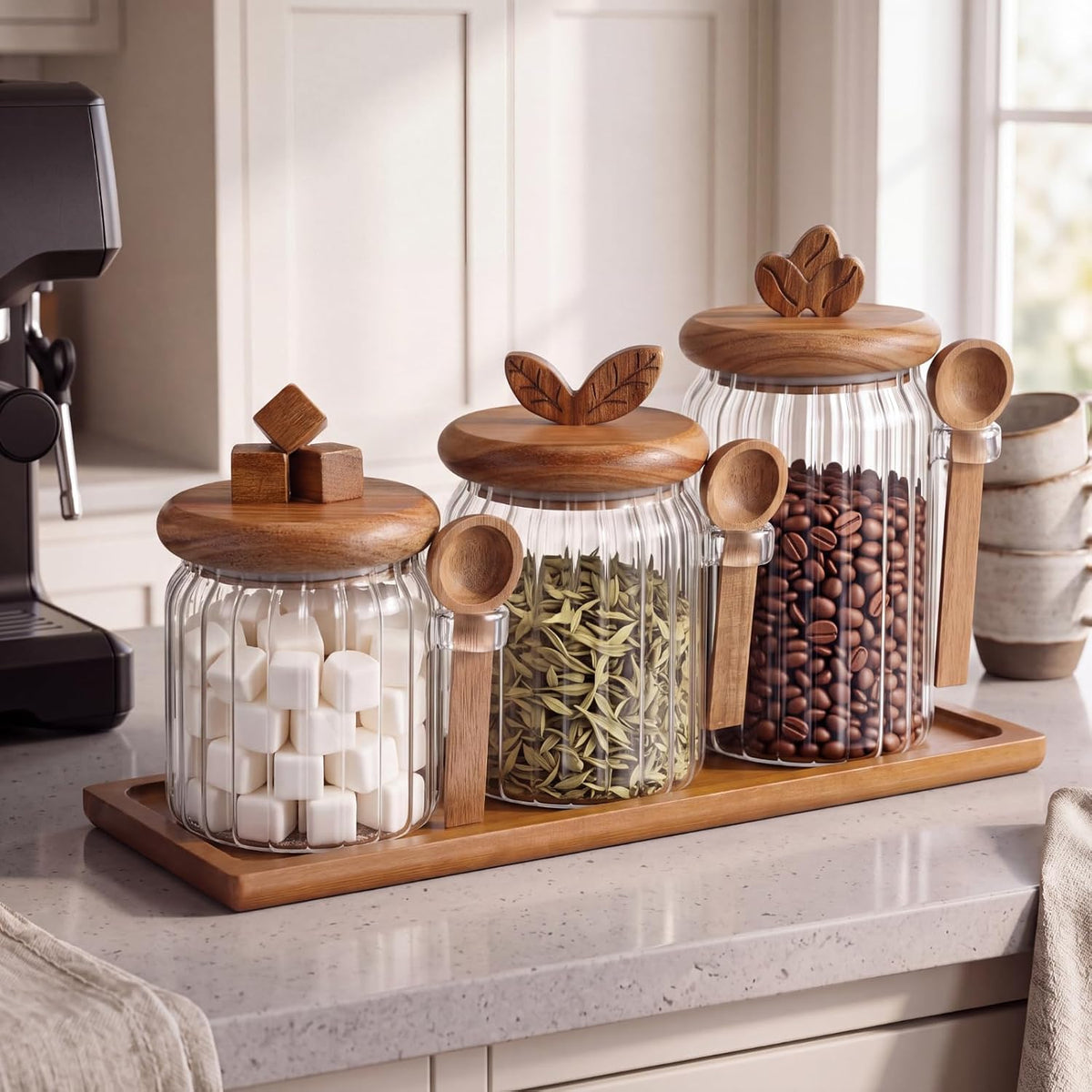 3 Glass Coffee Jars with Acacia Wooden Lid
