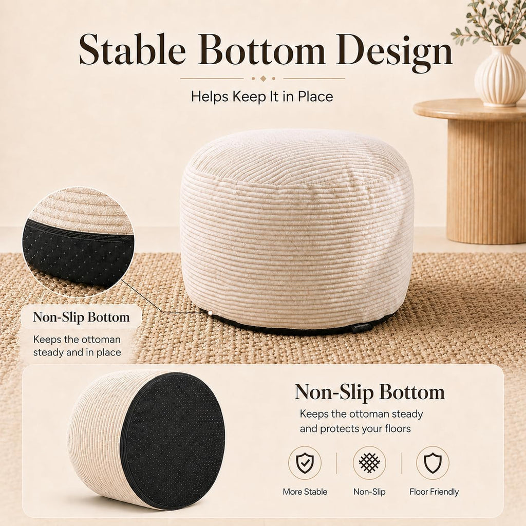 20" Cream White Corduroy Stuffed Pouf Ottoman