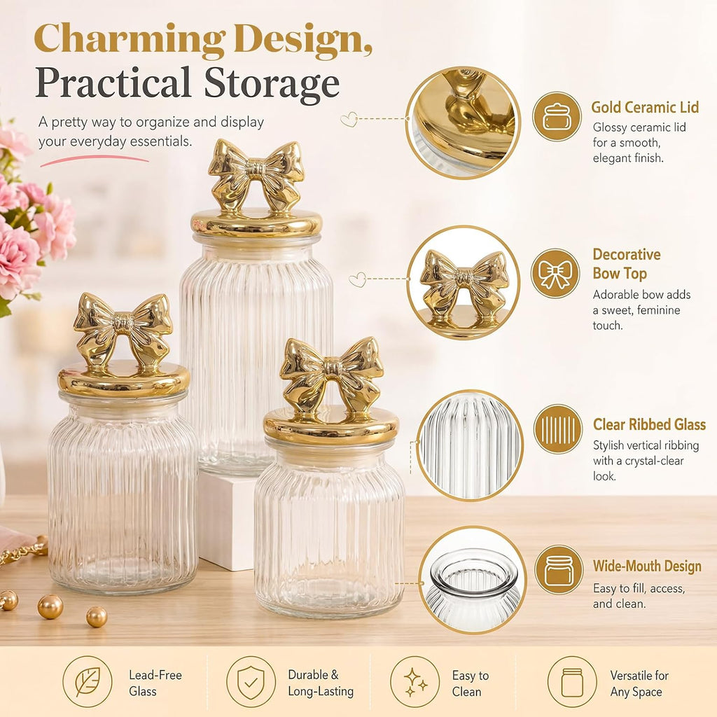 3 Gold Bow Glass Candy Jars with Ceramic Lids