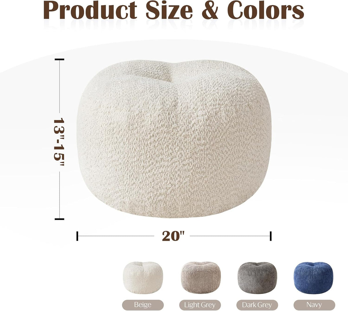 20"×15" White Stuffed Round Pouf Ottoman