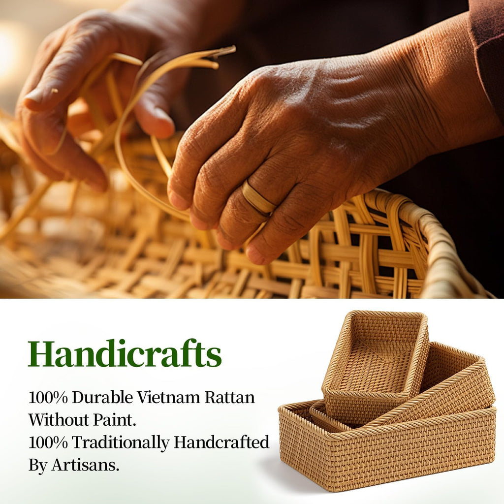 3‑Pack Honey Brown Rectangular Rattan Storage Baskets