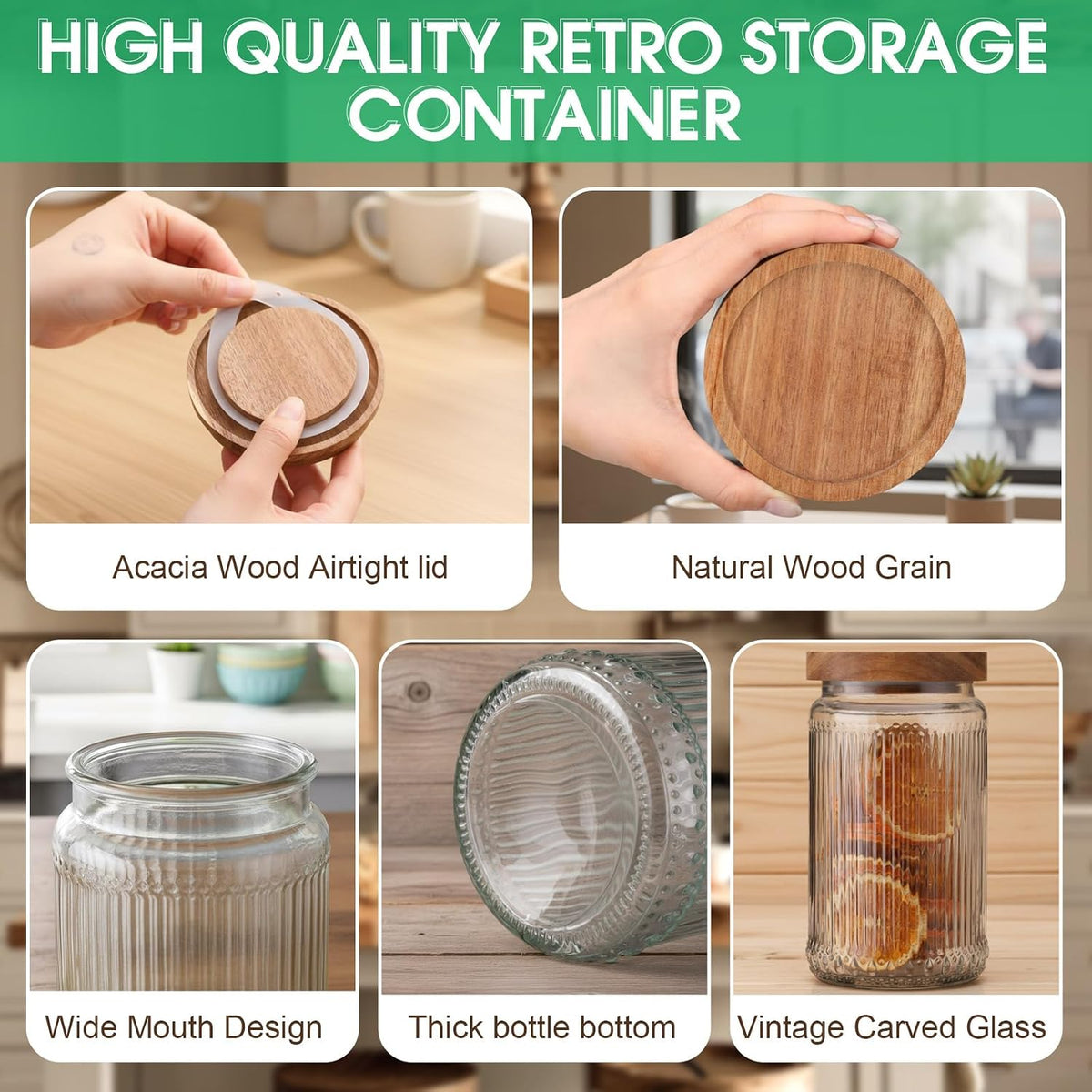 4 Vintage Glass Storage Jars with Wood Lid