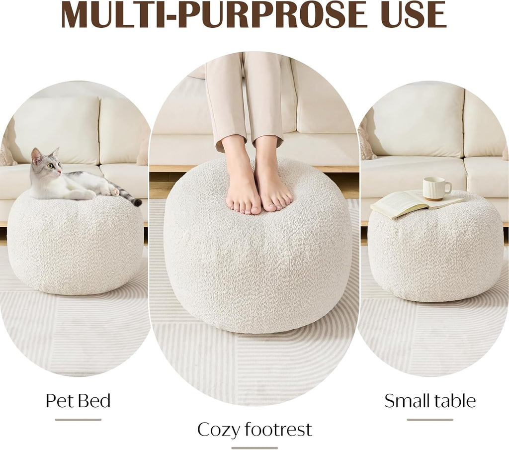20"×15" White Stuffed Round Pouf Ottoman