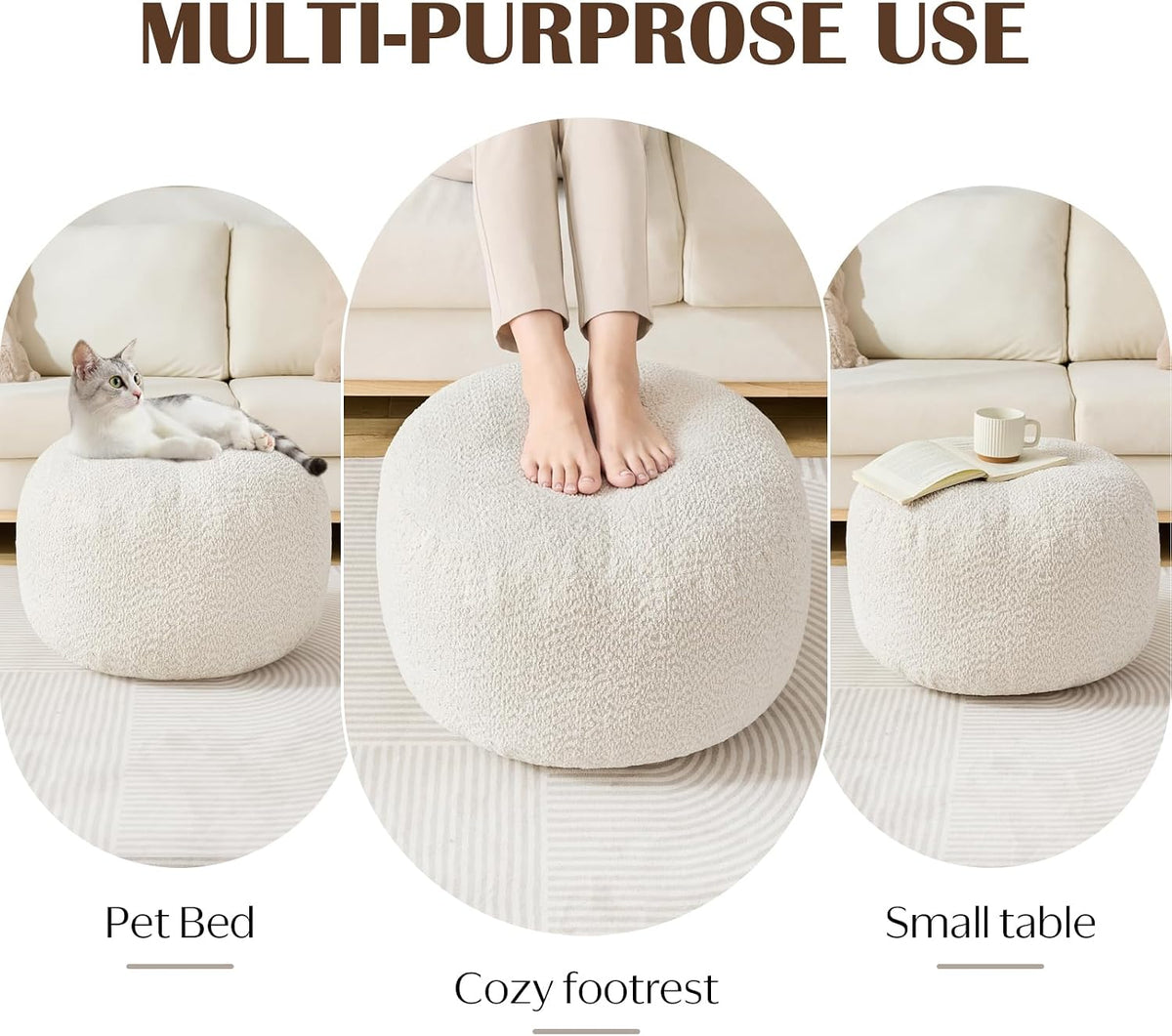 20"×15" White Stuffed Round Pouf Ottoman
