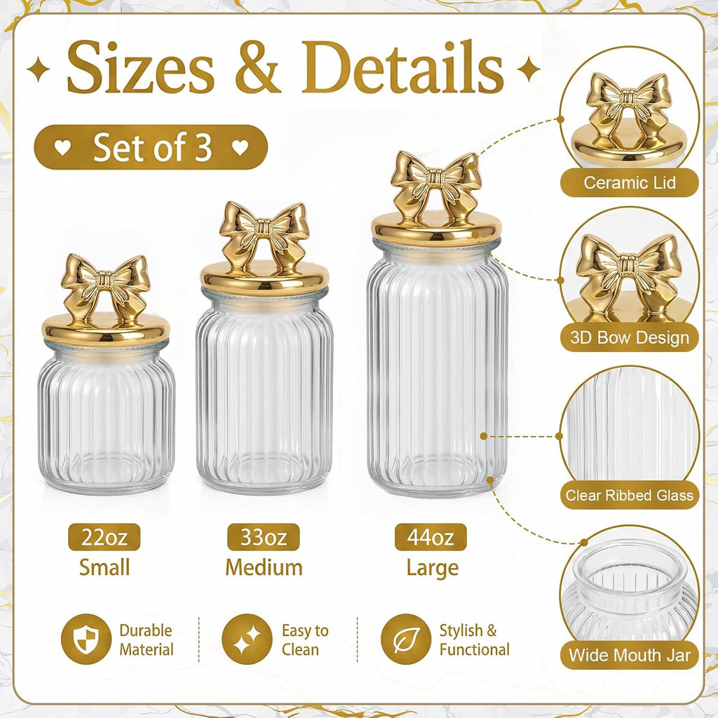 3 Gold Bow Glass Candy Jars with Ceramic Lids