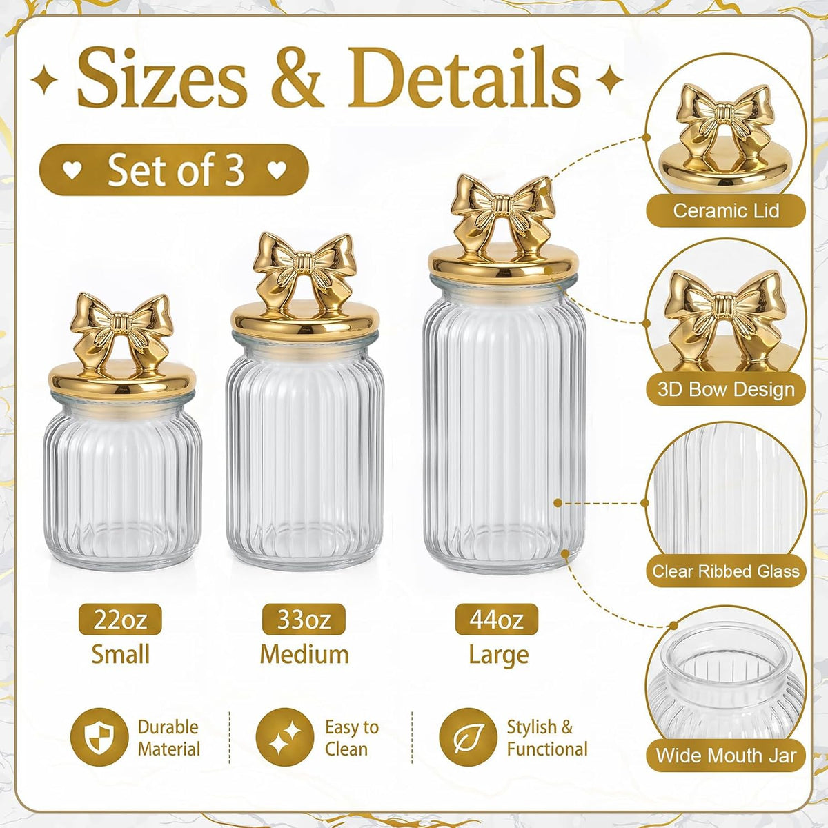3 Gold Bow Glass Candy Jars with Ceramic Lids