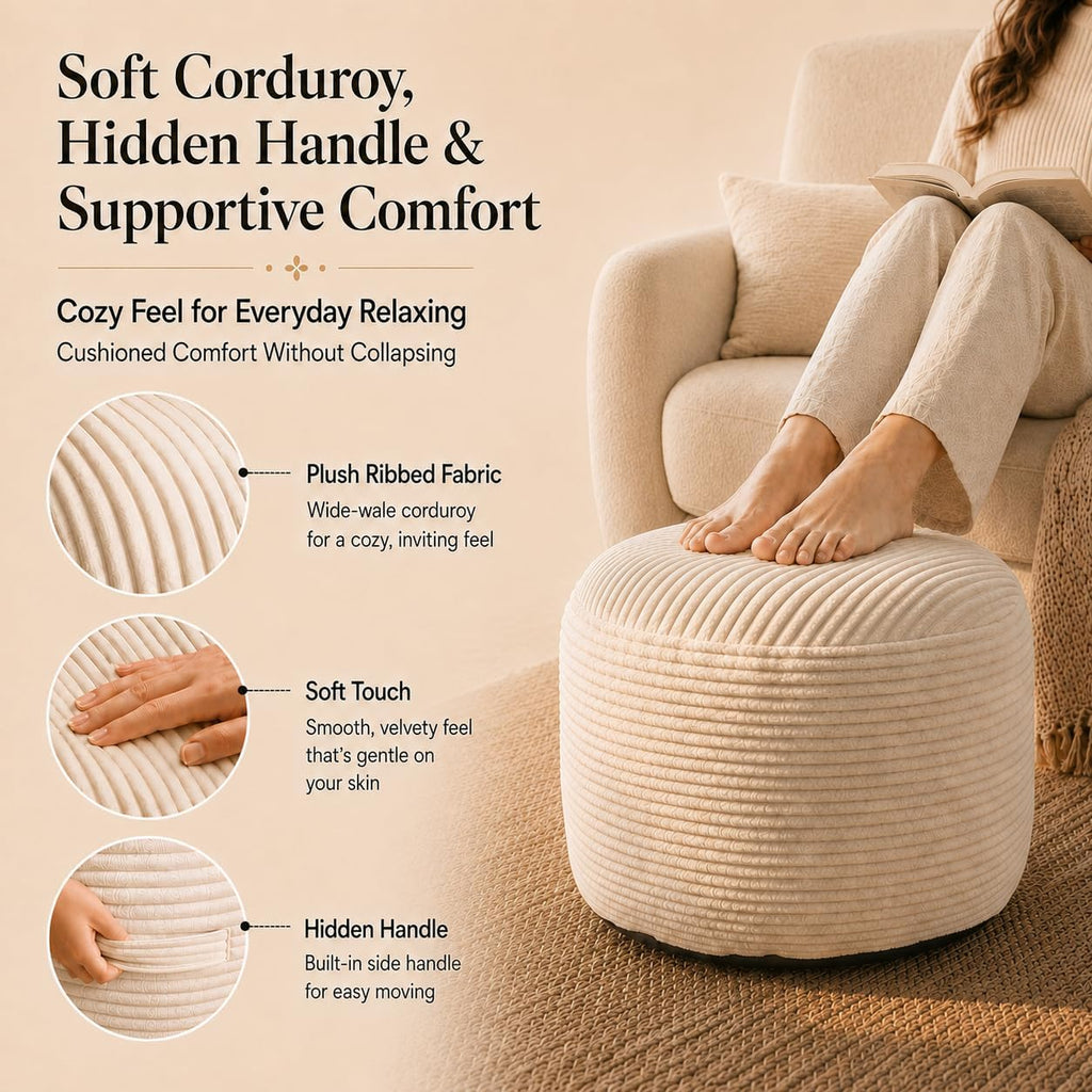 20" Cream White Corduroy Stuffed Pouf Ottoman