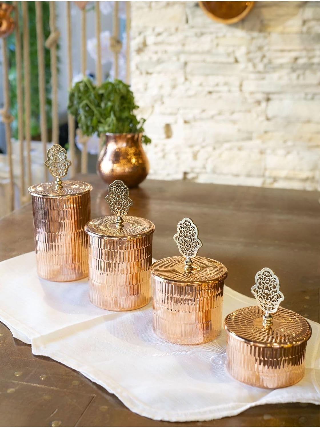 4 Bright Copper Handmade Spice Jars Set