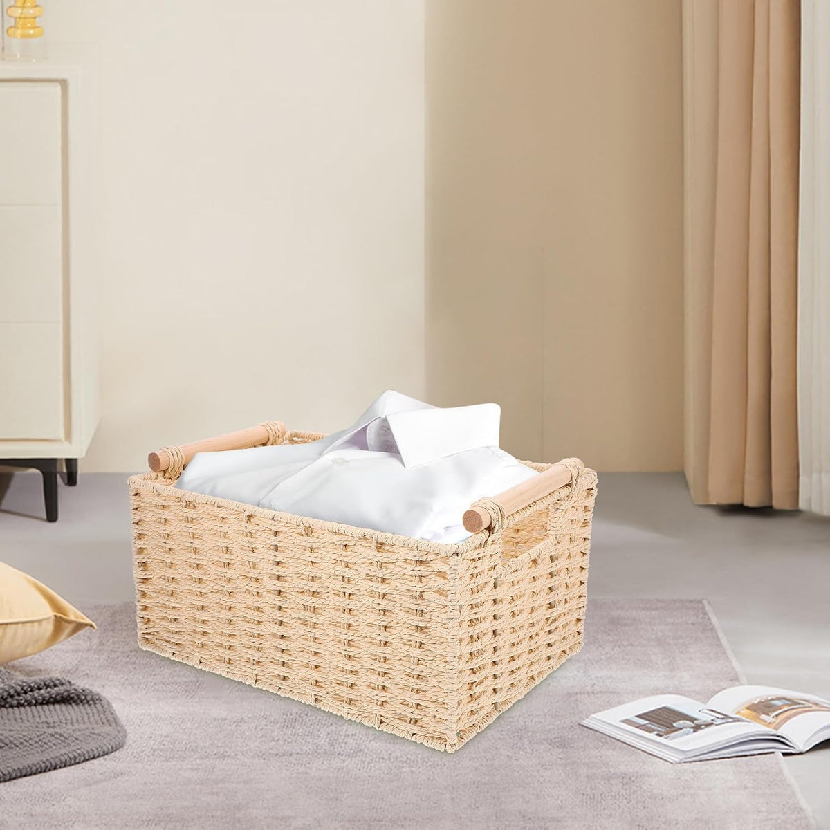 Small Beige Woven Basket with Wooden Handle