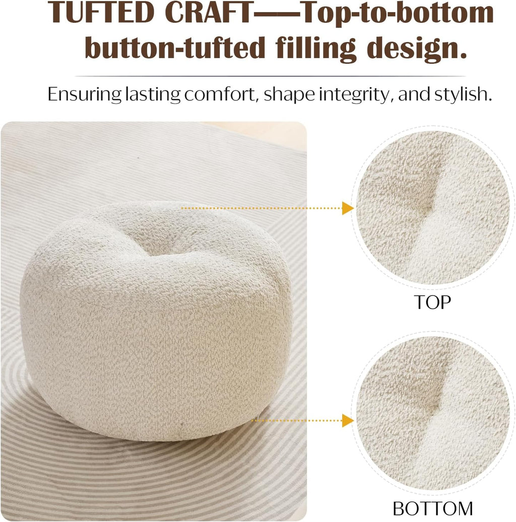 20"×15" White Stuffed Round Pouf Ottoman