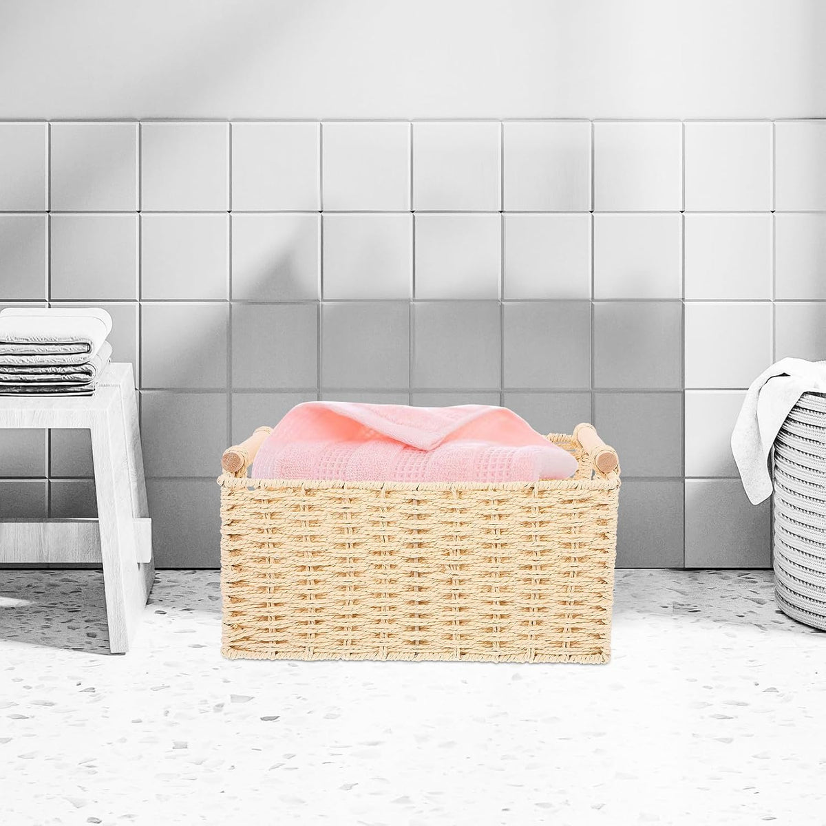 Small Beige Woven Basket with Wooden Handle