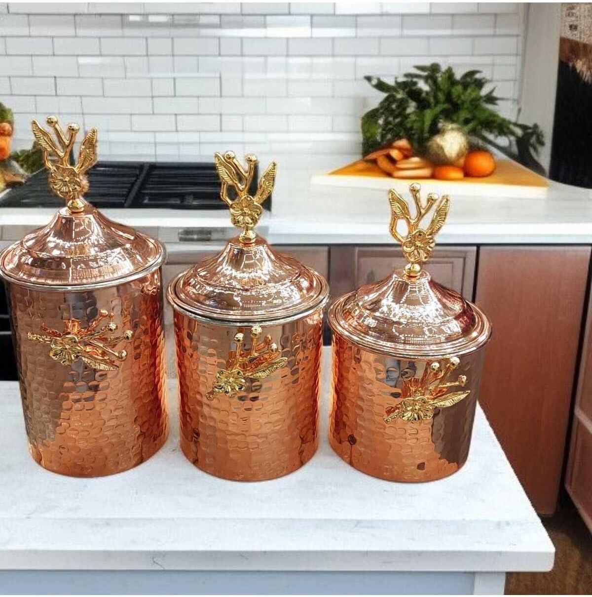 3 Hammered Copper Rose Design Spice Jars