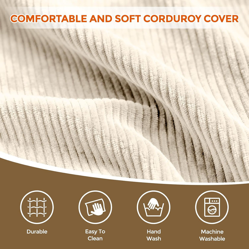 26"x18" Beige Fluffy Corduroy Round Pouf Ottoman