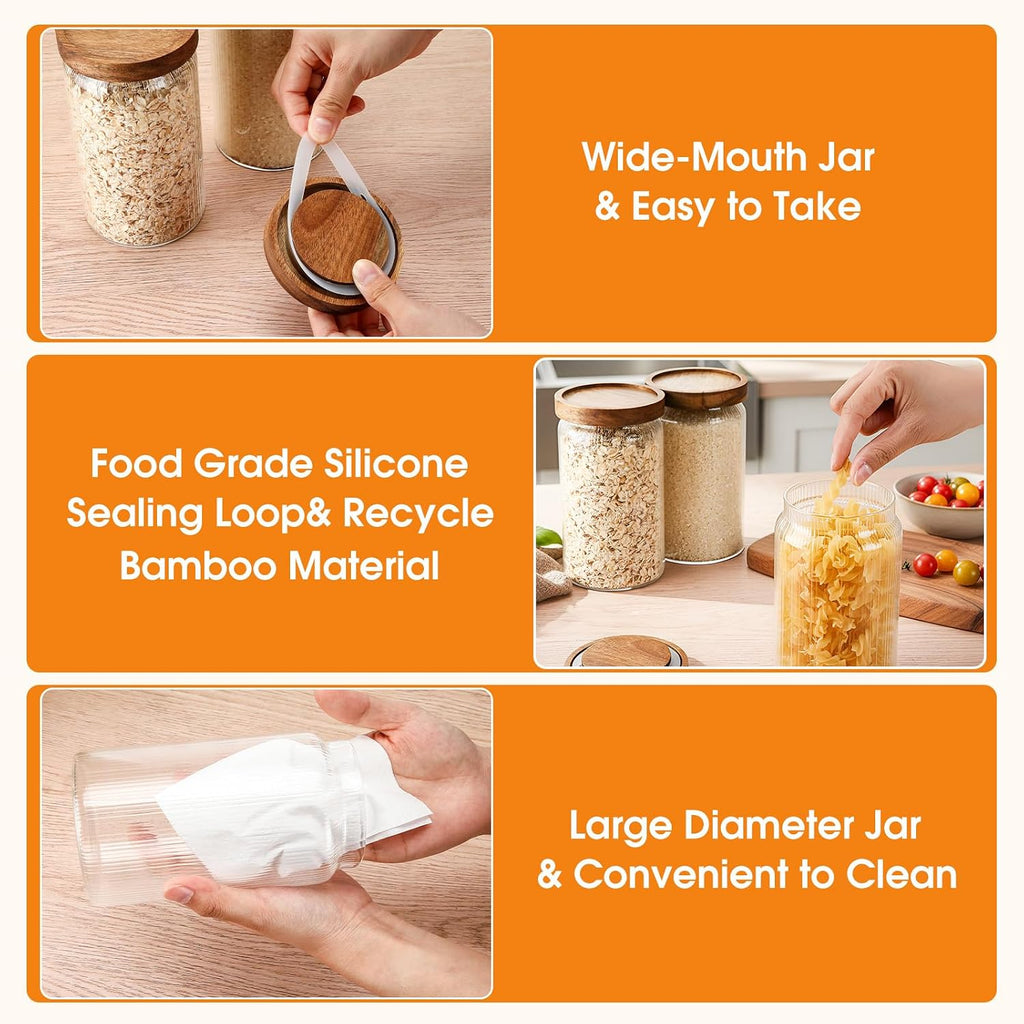 6 Ribbed Glass Jars with Airtight Wooden Lid