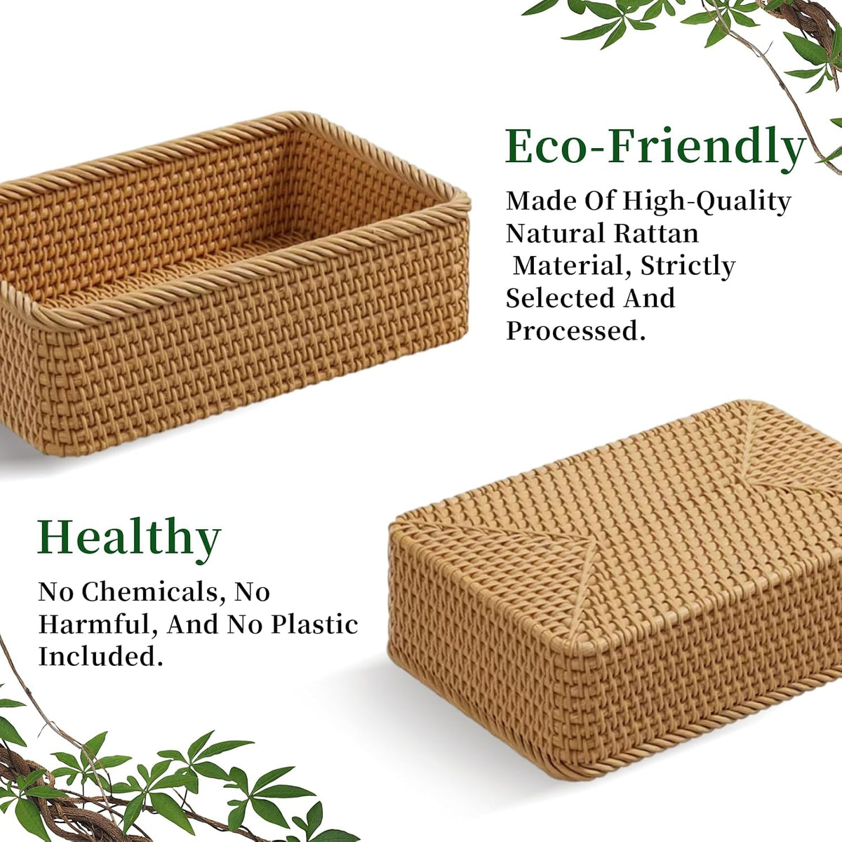3‑Pack Honey Brown Rectangular Rattan Storage Baskets