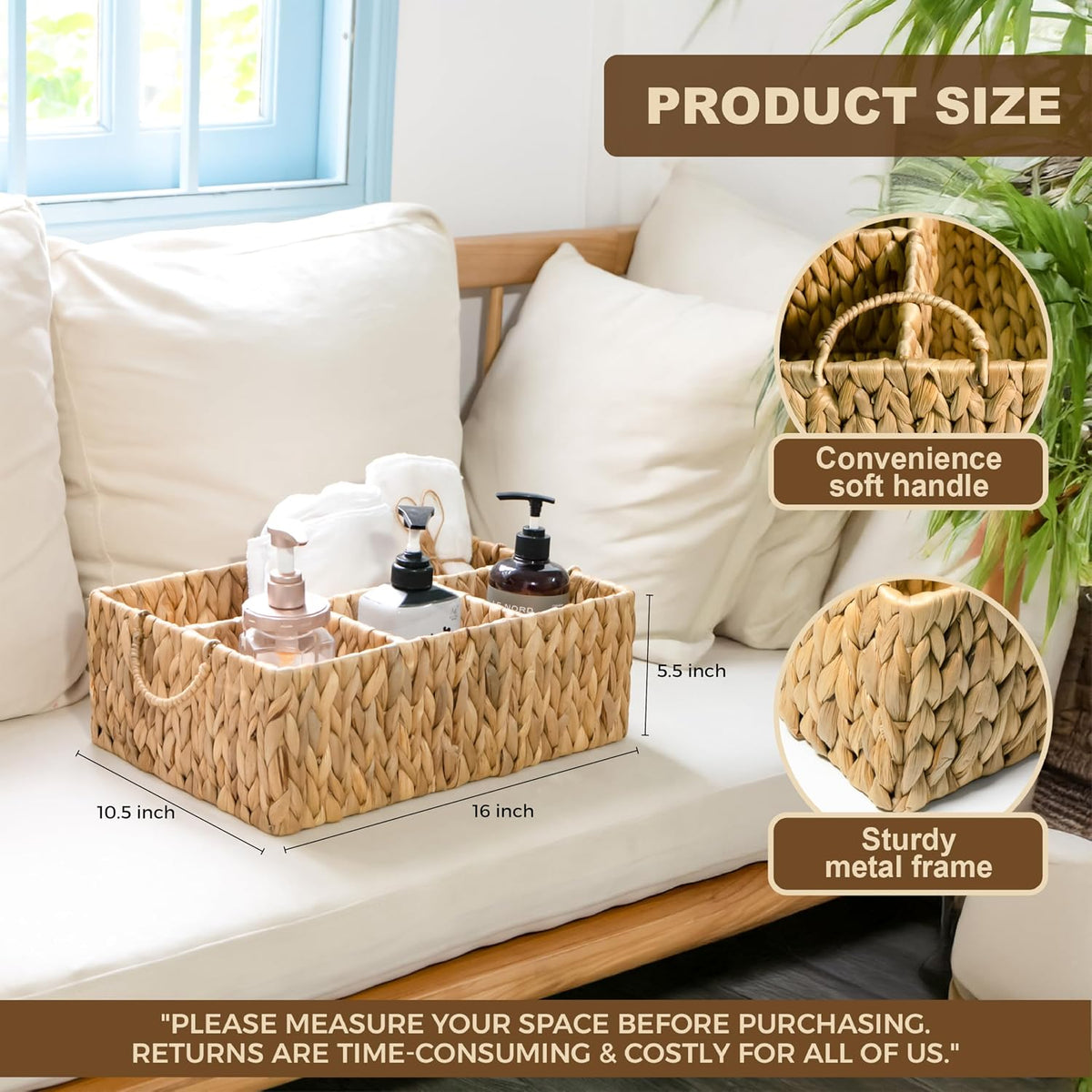 4‑Section Rectangular Hyacinth Woven Storage Basket