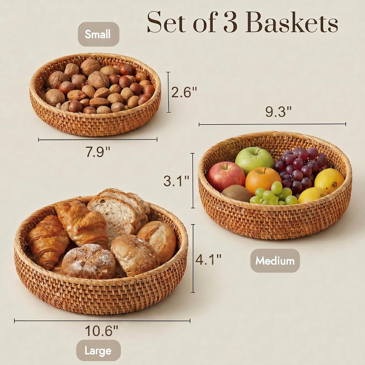 Set of 3 Handwoven Rattan Round Storage Baskets
