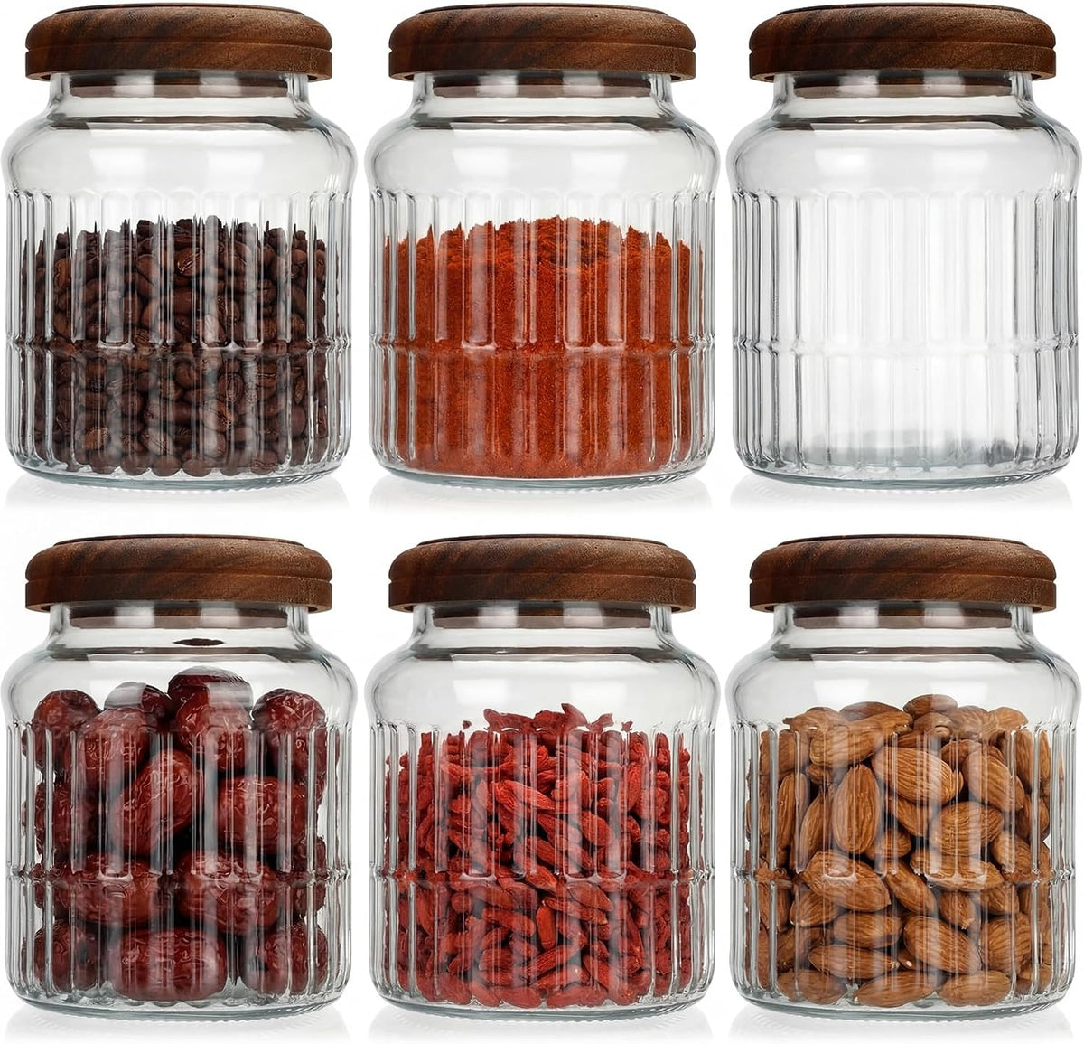6 Vintage Ribbed Glass Jars with Wooden Lids