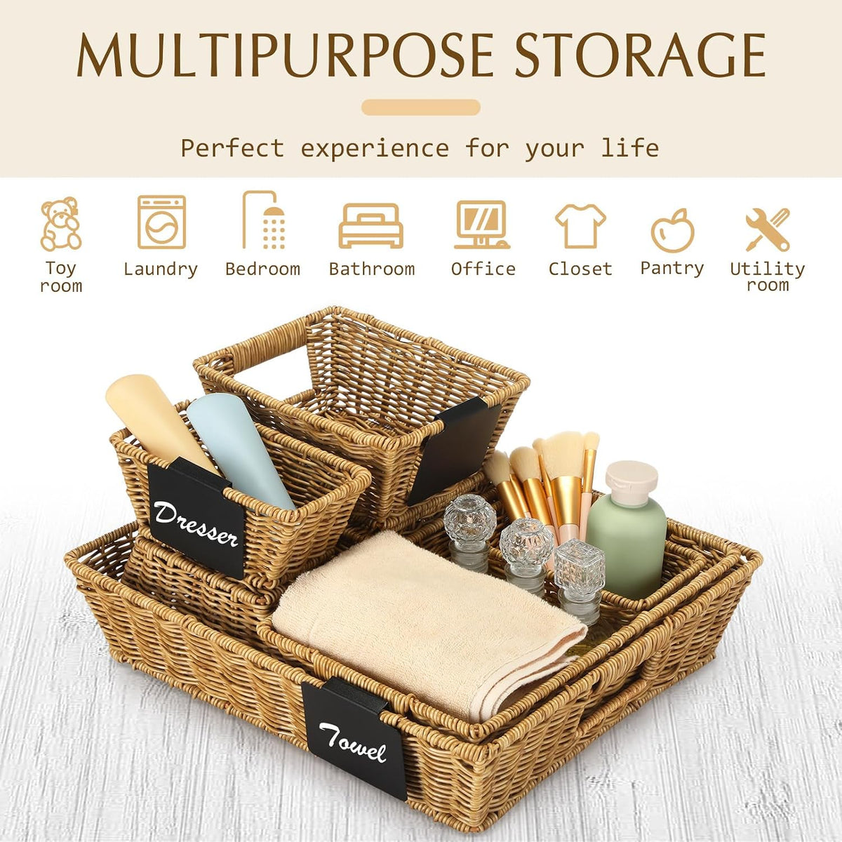 9‑Pcs Brown Multi‑Size Wicker Storage Baskets