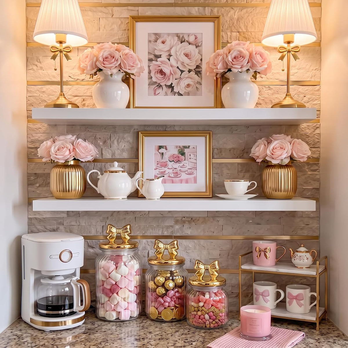3 Gold Bow Glass Candy Jars with Ceramic Lids