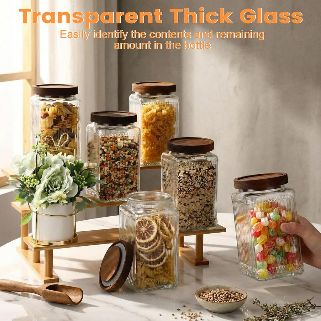 6 Ribbed Glass Storage Jars with Wooden Lids