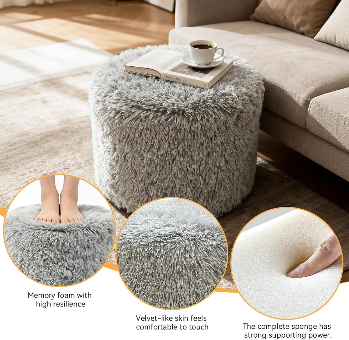 19"×15" Grey Modern Round Foam Pouf Ottoman