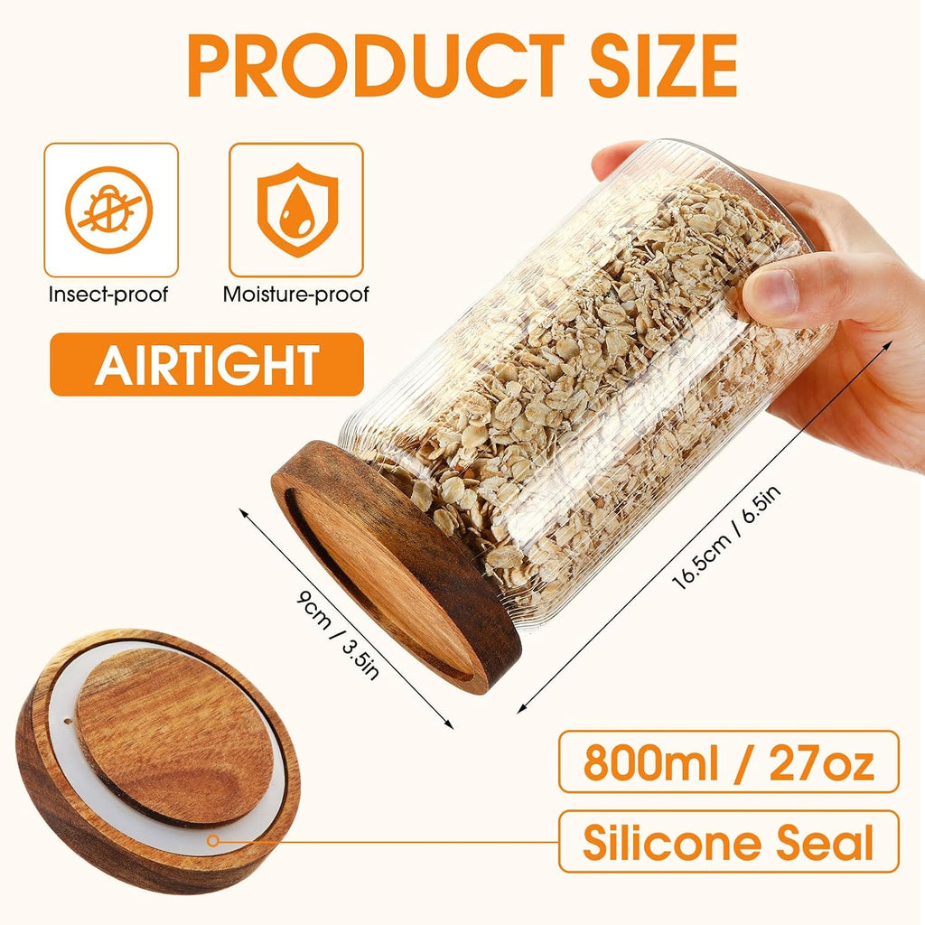 6 Ribbed Glass Jars with Airtight Wooden Lid