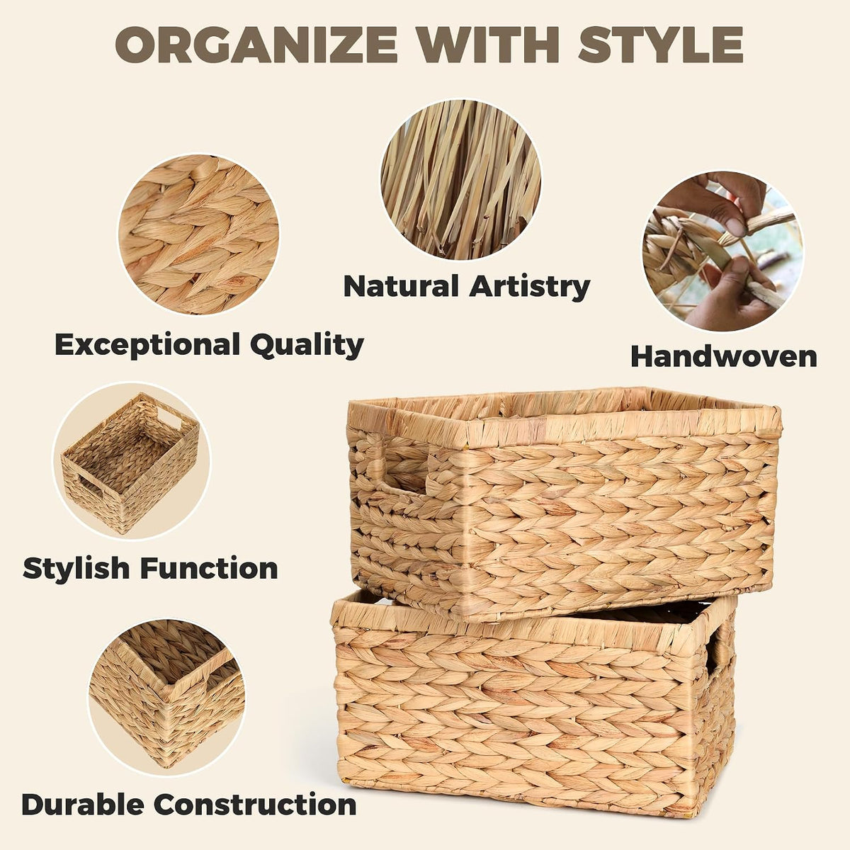 Set of 2 Water Hyacinth Wicker Storage Baskets 12.5"×8"×6.5"